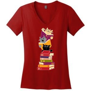 Funny Cats Reading Books Reading Book Lover Women's V-Neck T-Shirt