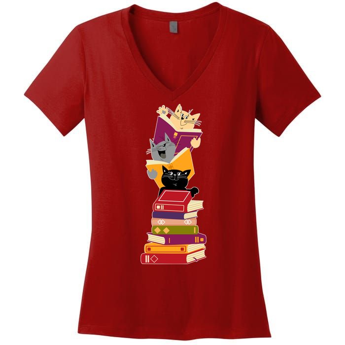 Funny Cats Reading Books Reading Book Lover Women's V-Neck T-Shirt