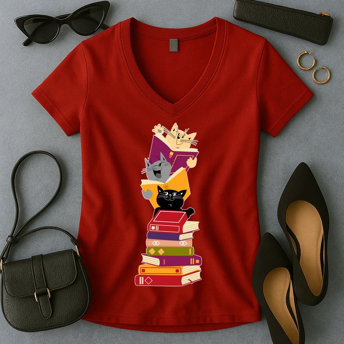 Funny Cats Reading Books Reading Book Lover Women's V-Neck T-Shirt