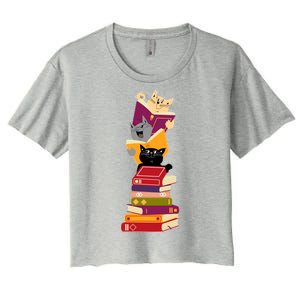 Funny Cats Reading Books Reading Book Lover Women's Crop Top Tee