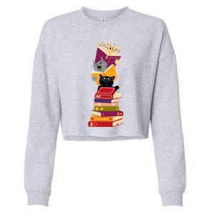 Funny Cats Reading Books Reading Book Lover Cropped Pullover Crew