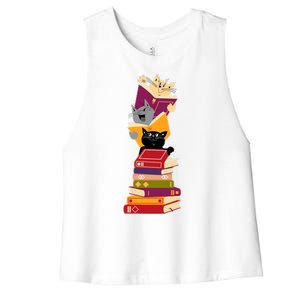 Funny Cats Reading Books Reading Book Lover Women's Racerback Cropped Tank