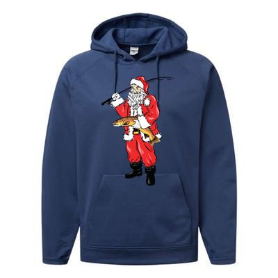 Funny Christmas Santa Clause Fishing For Brown Trout Performance Fleece Hoodie