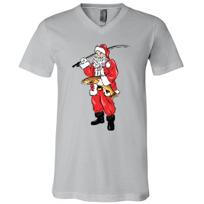 Funny Christmas Santa Clause Fishing For Brown Trout V-Neck T-Shirt