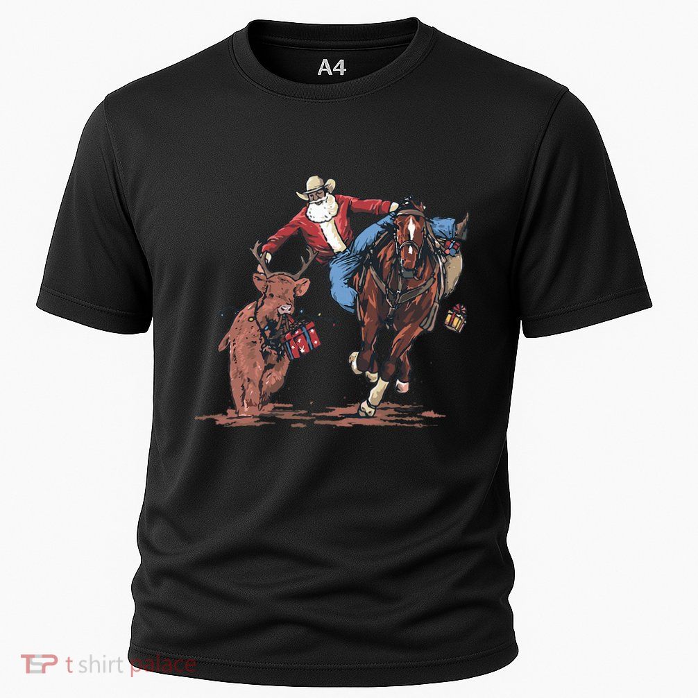 Funny Cowboy Santa Bulldogging Christmas Western Cowboy Xmas Performance Shirt