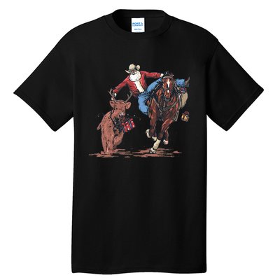 Funny Cowboy Santa Bulldogging Christmas Western Cowboy Xmas Tall T-Shirt