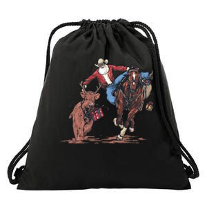 Funny Cowboy Santa Bulldogging Christmas Western Cowboy Xmas Drawstring Bag