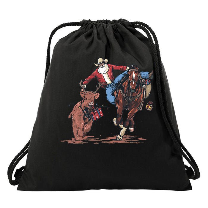 Funny Cowboy Santa Bulldogging Christmas Western Cowboy Xmas Drawstring Bag