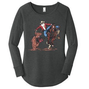 Funny Cowboy Santa Bulldogging Christmas Western Cowboy Xmas Women's Perfect Tri Tunic Long Sleeve Shirt