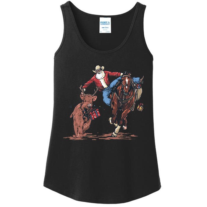 Funny Cowboy Santa Bulldogging Christmas Western Cowboy Xmas Ladies Essential Tank