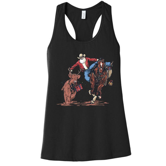 Funny Cowboy Santa Bulldogging Christmas Western Cowboy Xmas Women's Racerback Tank