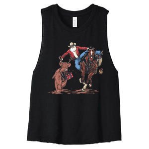 Funny Cowboy Santa Bulldogging Christmas Western Cowboy Xmas Women's Racerback Cropped Tank