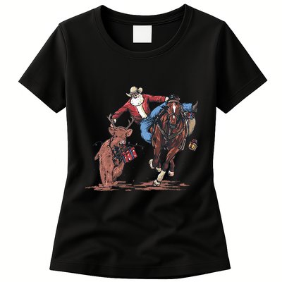 Funny Cowboy Santa Bulldogging Christmas Western Cowboy Xmas Womens T-Shirt