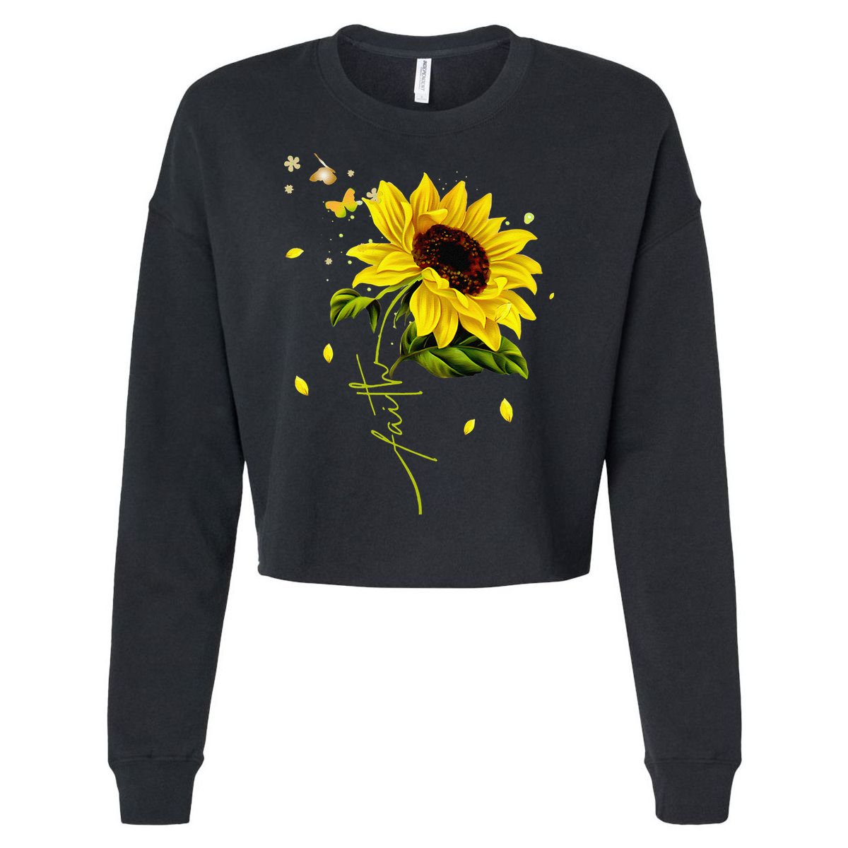 Faith Cross Sunflower Butterflies Flowers Christians Jesus Cropped Pullover Crew