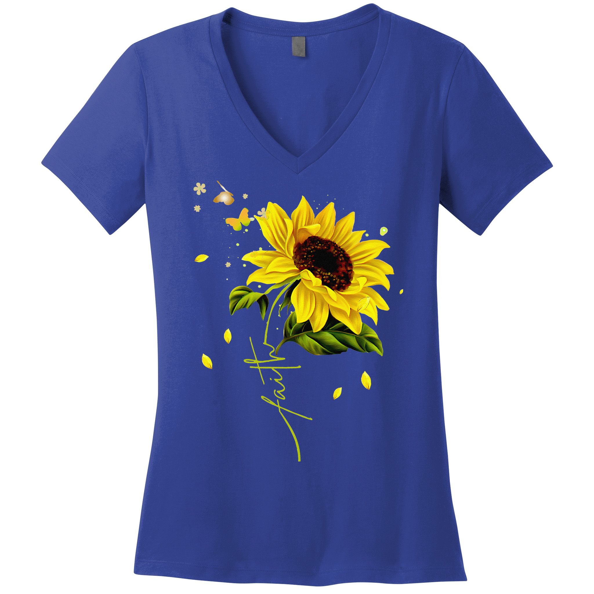 Faith Cross Sunflower Butterflies Flowers Christians Jesus Women's V-Neck T-Shirt