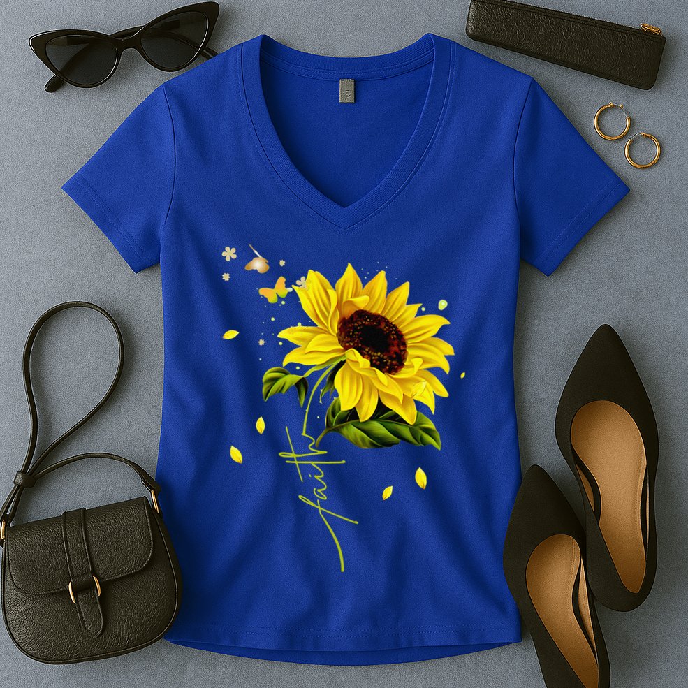 Faith Cross Sunflower Butterflies Flowers Christians Jesus Women's V-Neck T-Shirt
