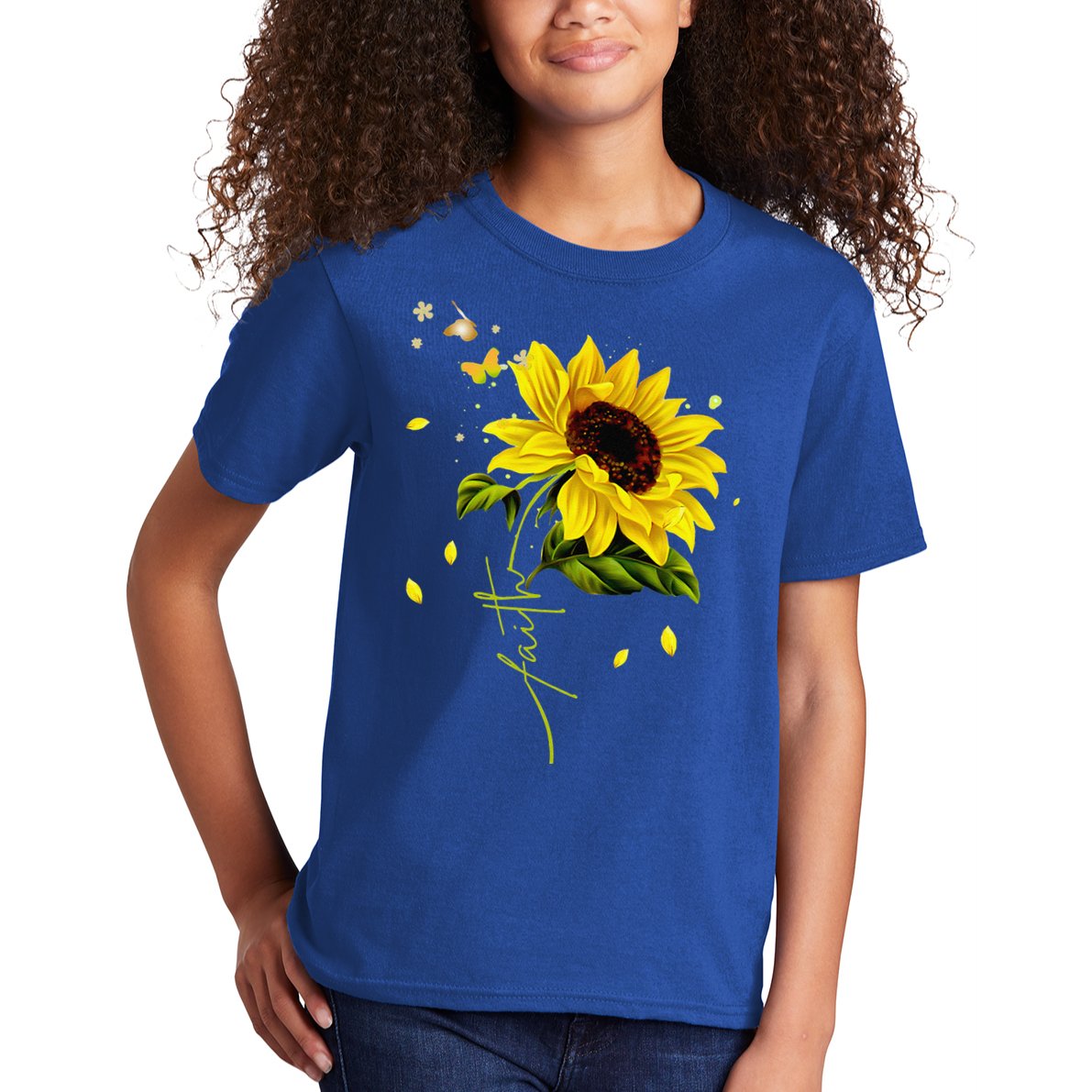 Faith Cross Sunflower Butterflies Flowers Christians Jesus Kids T-Shirt