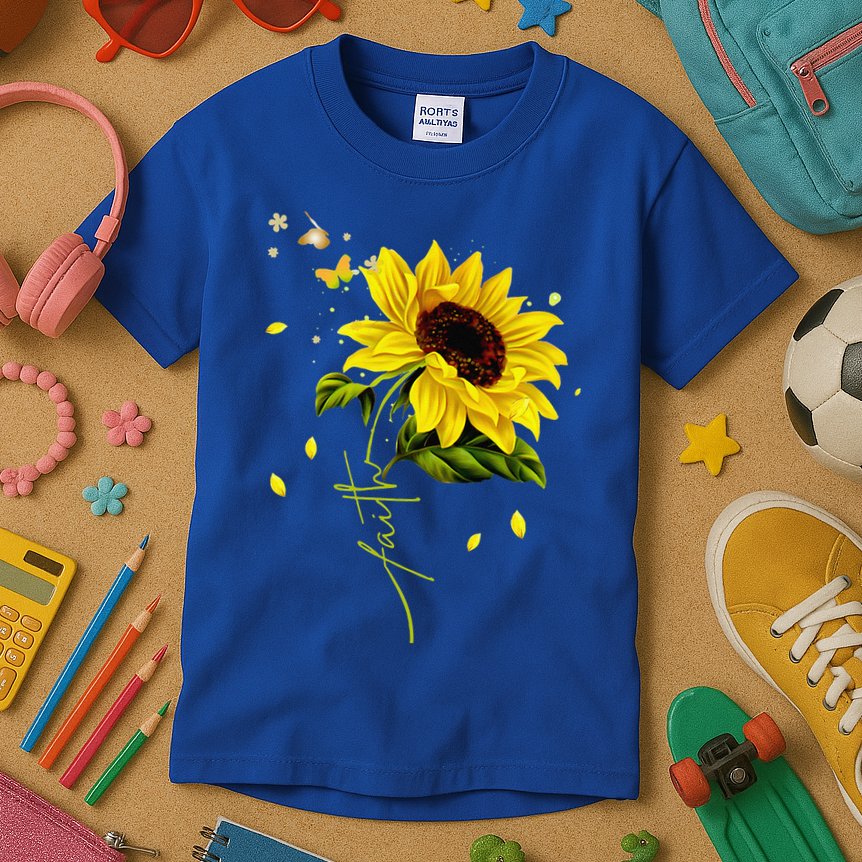 Faith Cross Sunflower Butterflies Flowers Christians Jesus Kids T-Shirt