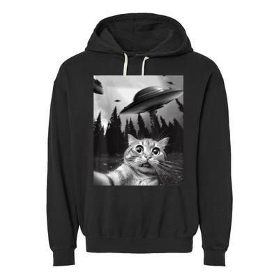 Funny Cat Selfie With UFOs Garment-Dyed Fleece Hoodie