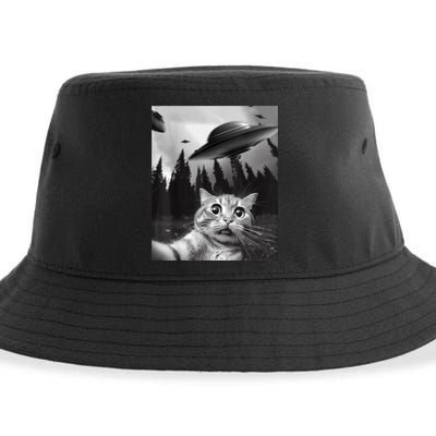 Funny Cat Selfie With UFOs Sustainable Bucket Hat