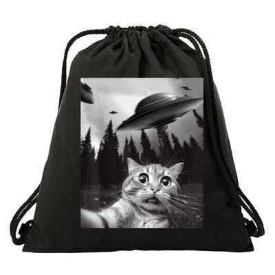 Funny Cat Selfie With UFOs Drawstring Bag