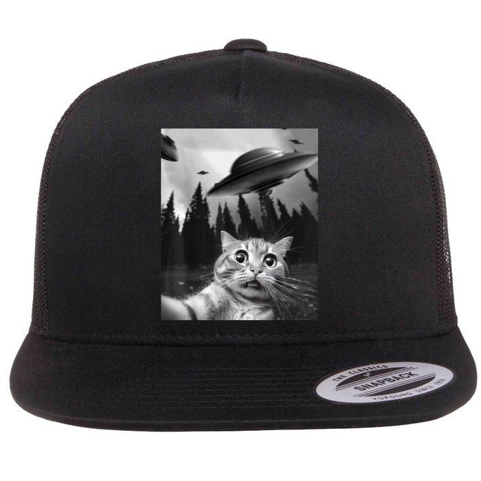 Funny Cat Selfie With UFOs Flat Bill Trucker Hat