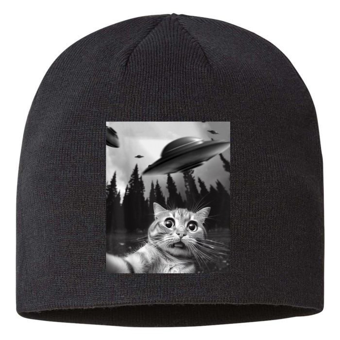 Funny Cat Selfie With UFOs Sustainable Beanie