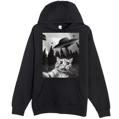 Funny Cat Selfie With UFOs Premium Pullover Hoodie