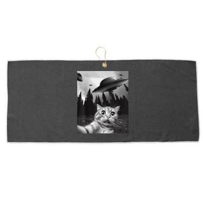 Funny Cat Selfie With UFOs Large Microfiber Waffle Golf Towel