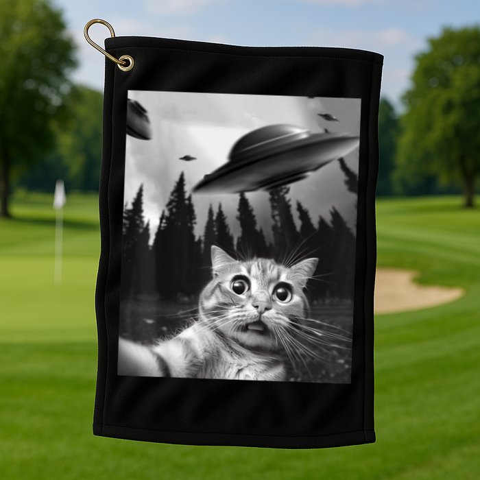 Funny Cat Selfie With UFOs Golf Towel
