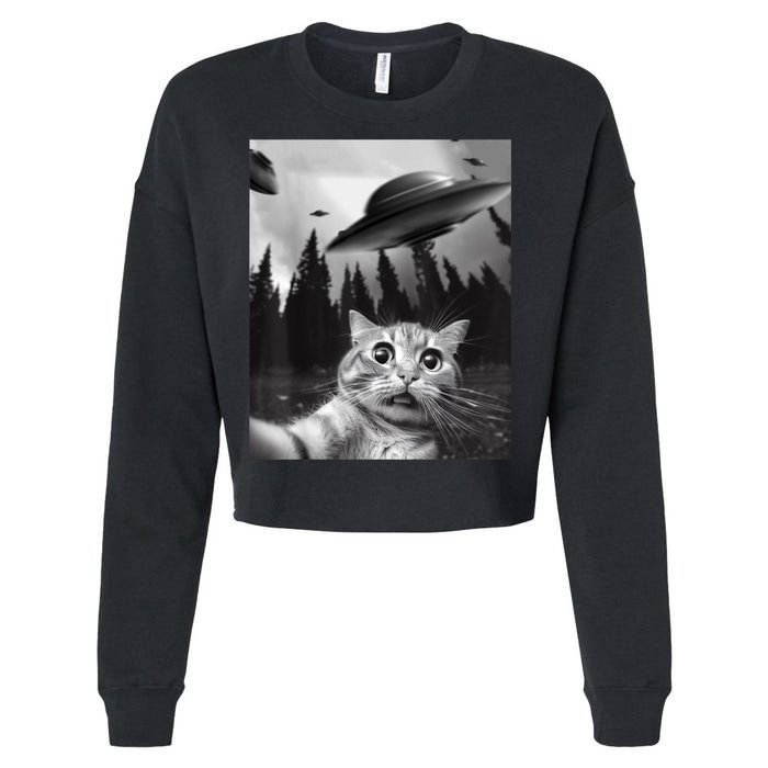 Funny Cat Selfie With UFOs Cropped Pullover Crew