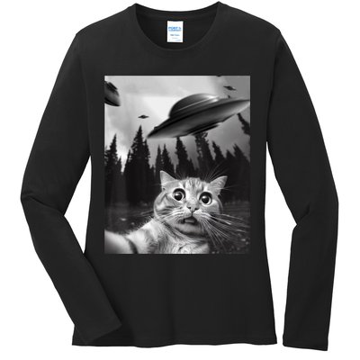 Funny Cat Selfie With UFOs Ladies Long Sleeve Shirt