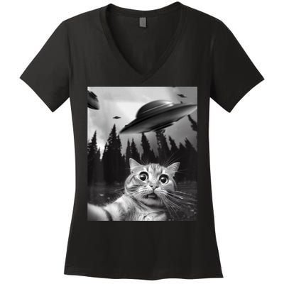Funny Cat Selfie With UFOs Women's V-Neck T-Shirt