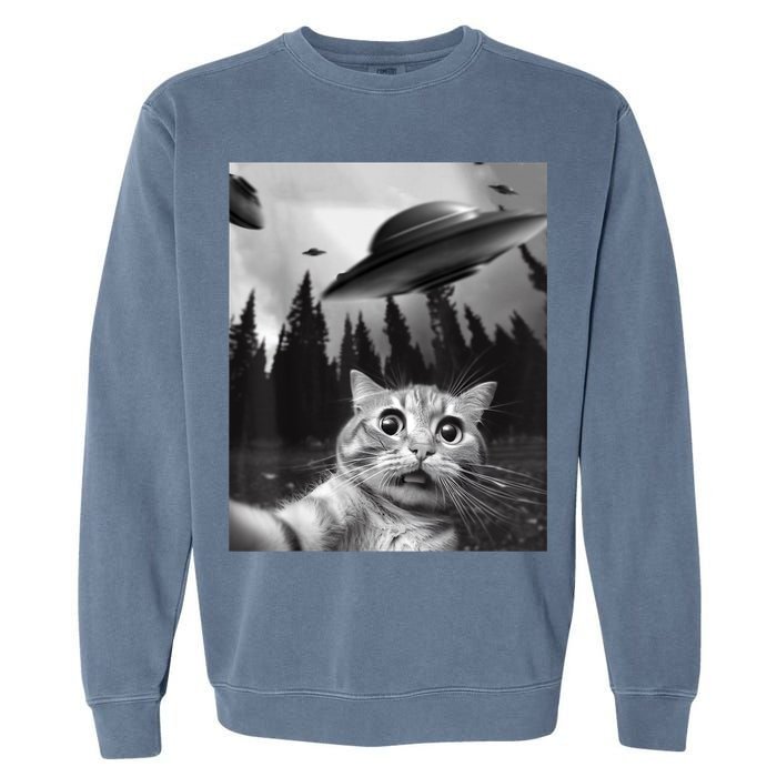 Funny Cat Selfie With UFOs Garment-Dyed Sweatshirt
