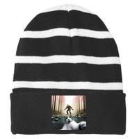 Funny Cat Selfie With Bigfoot Sasquatch Cat Bigfoot Vintage Striped Beanie with Solid Band