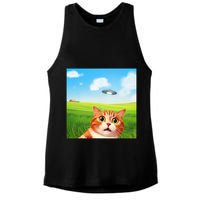 Funny Cat Selfie With Ufo Kitty Alien Encounter Ladies PosiCharge Tri-Blend Wicking Tank