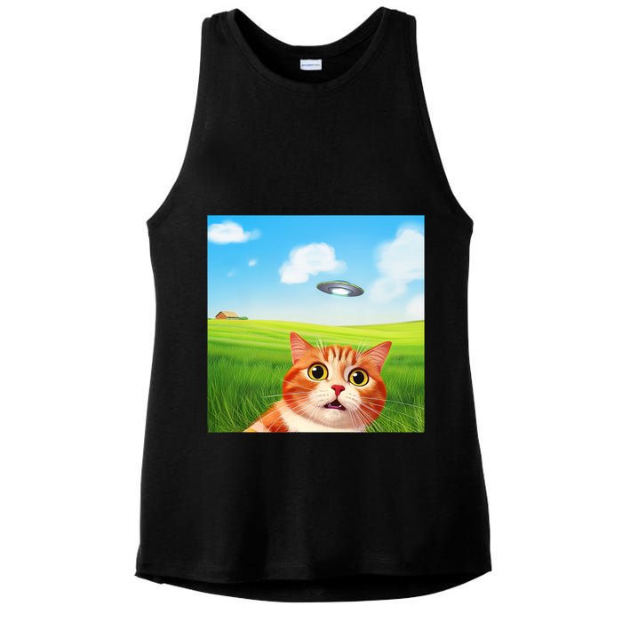 Funny Cat Selfie With Ufo Kitty Alien Encounter Ladies PosiCharge Tri-Blend Wicking Tank