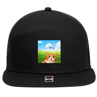 Funny Cat Selfie With Ufo Kitty Alien Encounter 7 Panel Mesh Trucker Snapback Hat