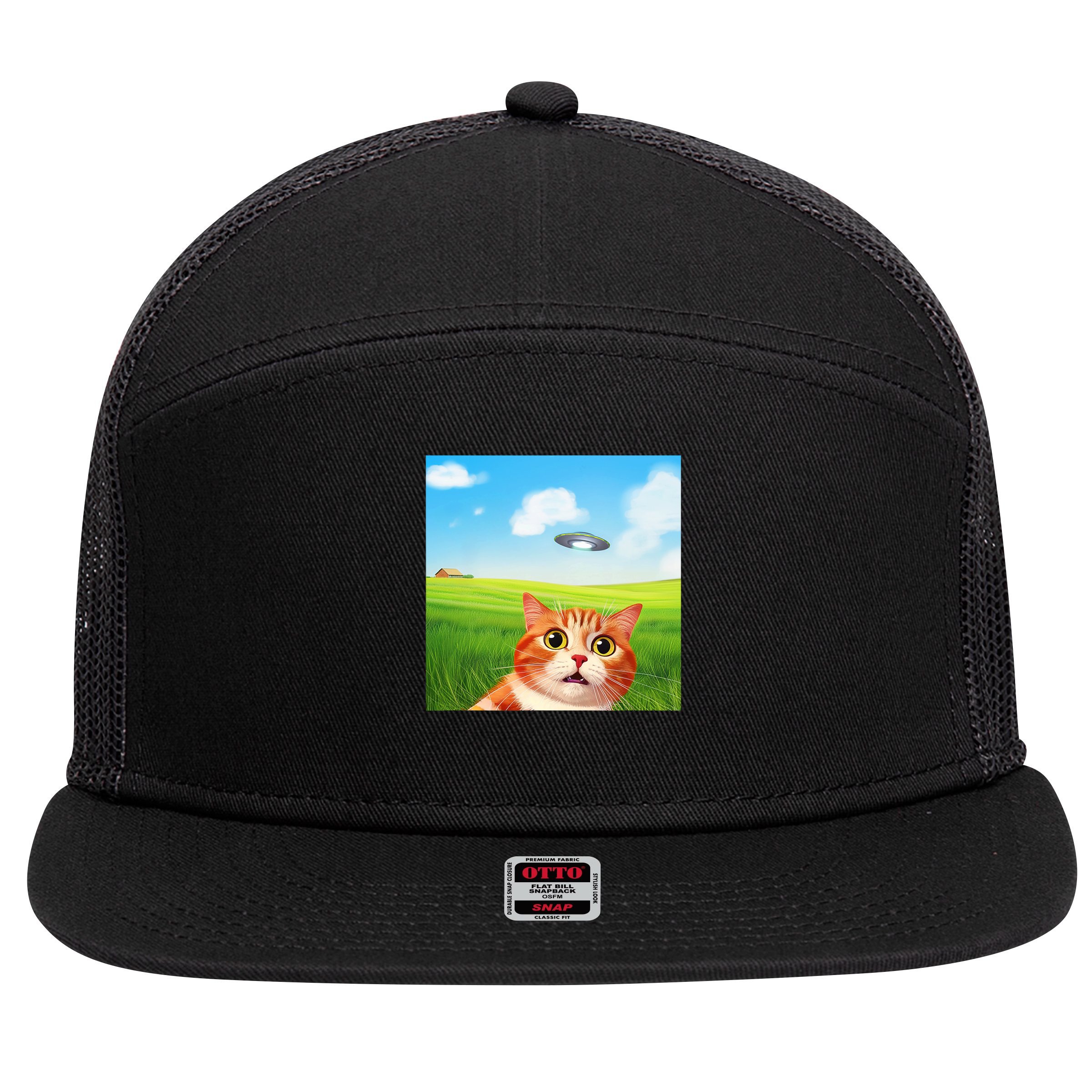 Funny Cat Selfie With Ufo Kitty Alien Encounter 7 Panel Mesh Trucker Snapback Hat