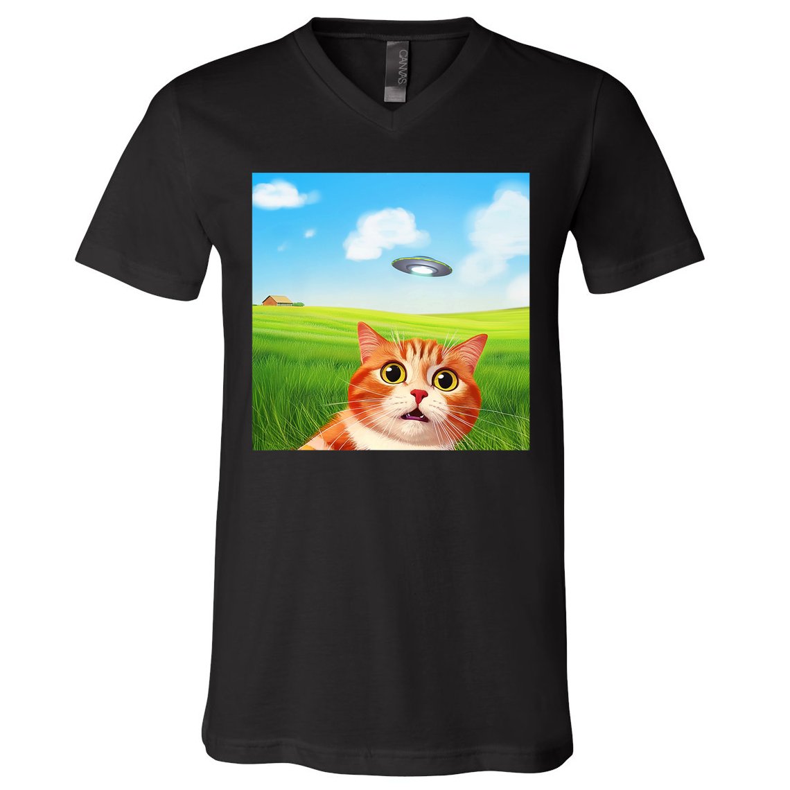 Funny Cat Selfie With Ufo Kitty Alien Encounter V-Neck T-Shirt