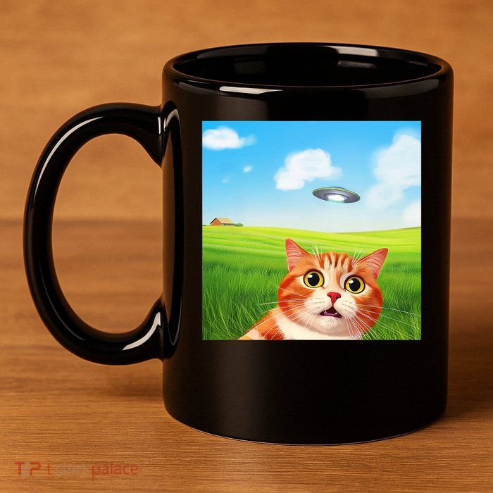 Funny Cat Selfie With Ufo Kitty Alien Encounter 11oz C Handle Ceramic Mug