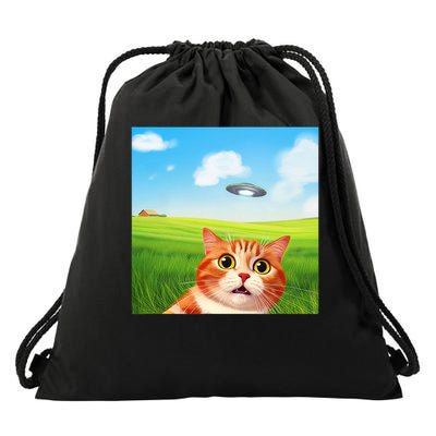 Funny Cat Selfie With Ufo Kitty Alien Encounter Drawstring Bag