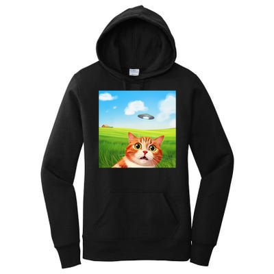 Funny Cat Selfie With Ufo Kitty Alien Encounter Women's Pullover Hoodie