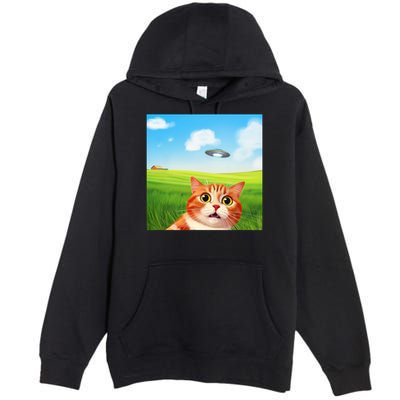 Funny Cat Selfie With Ufo Kitty Alien Encounter Premium Pullover Hoodie