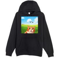 Funny Cat Selfie With Ufo Kitty Alien Encounter Premium Pullover Hoodie