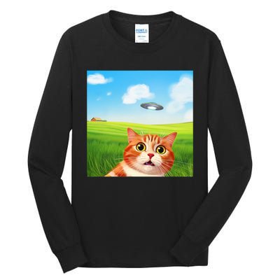 Funny Cat Selfie With Ufo Kitty Alien Encounter Tall Long Sleeve T-Shirt