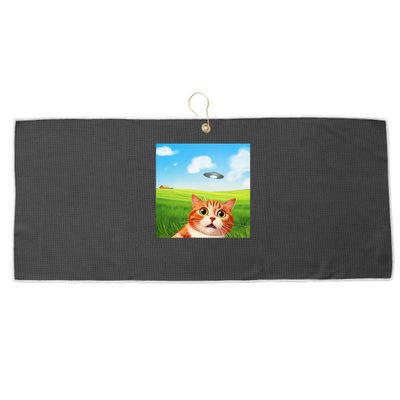 Funny Cat Selfie With Ufo Kitty Alien Encounter Large Microfiber Waffle Golf Towel
