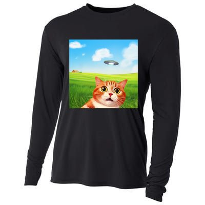 Funny Cat Selfie With Ufo Kitty Alien Encounter Cooling Performance Long Sleeve Crew