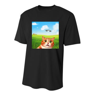 Funny Cat Selfie With Ufo Kitty Alien Encounter Youth Performance Sprint T-Shirt