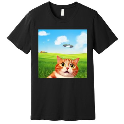 Funny Cat Selfie With Ufo Kitty Alien Encounter Premium T-Shirt